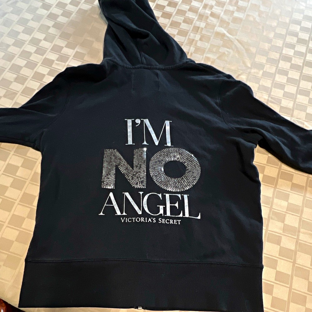 Victoria's Secret Supermodel Black Full Zip Hoodie Bling I'm No Angel VTG Y2K